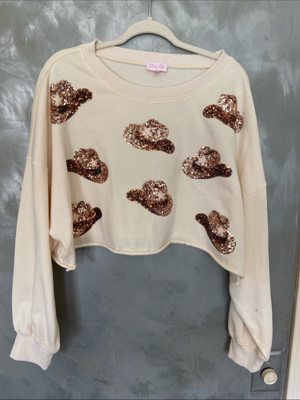 Pink Lily Crewneck Sweatshirt with Rose Gold Sequin Cowboy Hats